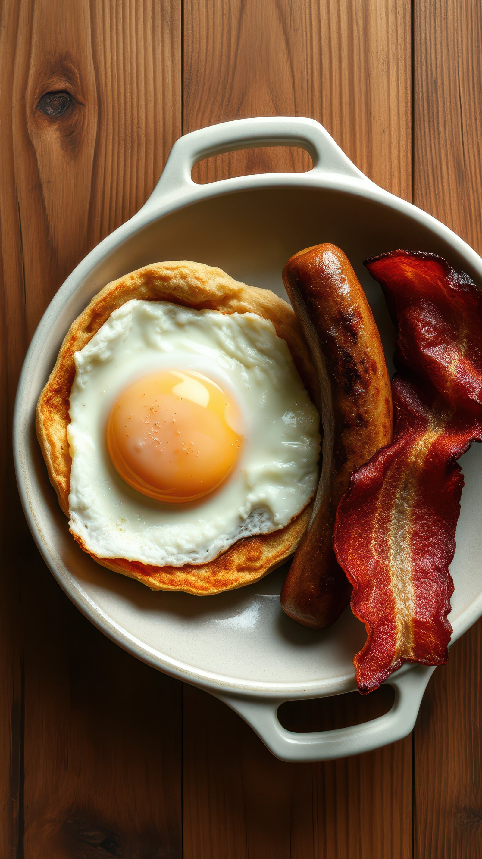 Breakfast plate featuring a sunny-side-up egg, sausage, and crispy bacon served in a bowl on a wooden table